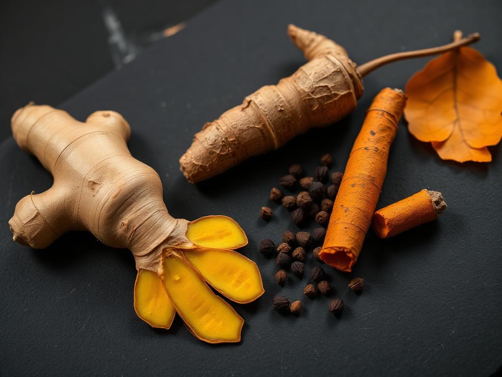 Ginger, turmeric root and black pepper on dark slate