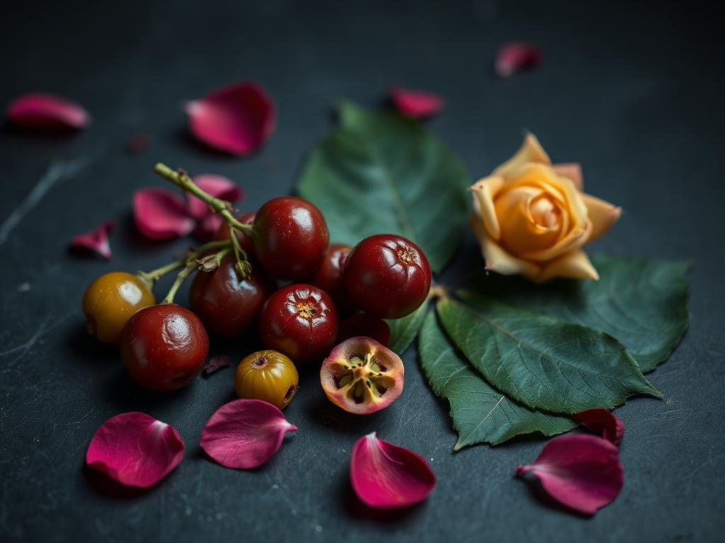 Amla berries, neem leaves and rose petals on dark slate