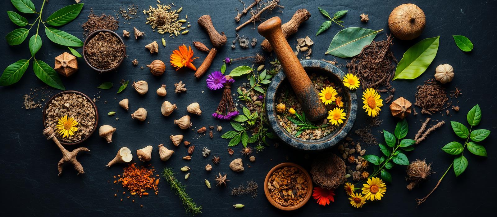 Ayurvedic herbs, roots and dried flowers arranged around a mortar and pestle