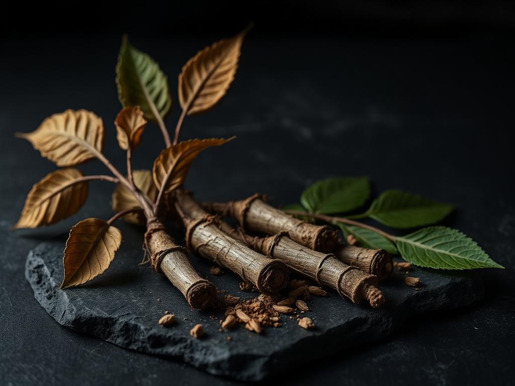 Ashwagandha roots and leaves on dark slate