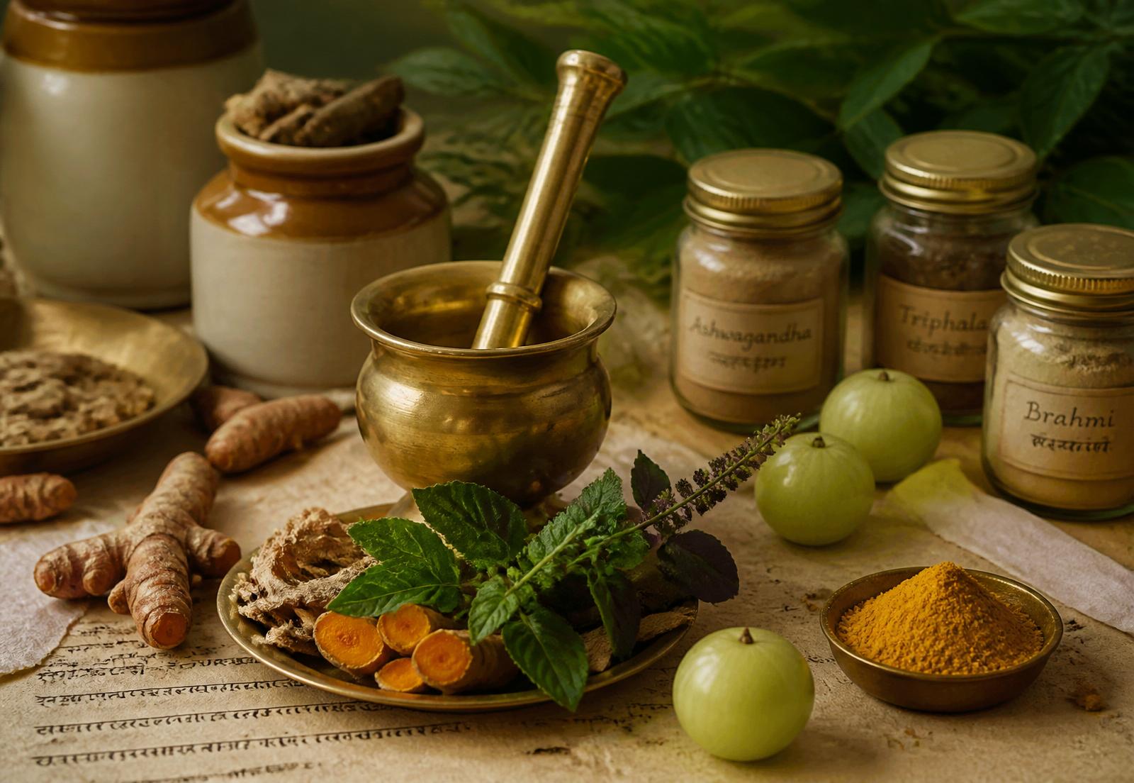 Brass mortar and pestle with turmeric root, tulsi leaves, amla and jars of Ayurvedic herb powders