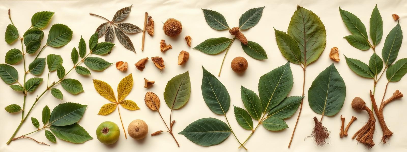 Pressed leaves, bark pieces and roots of neem, peepal, banyan, guava and jamun laid out on cream paper